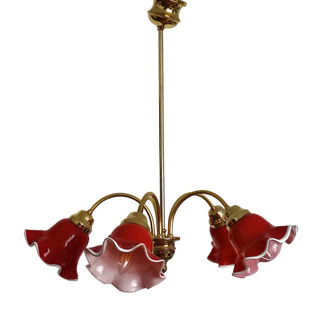 Vintage Brass and Glass 5-Light Chandelier, 1980s For Sale