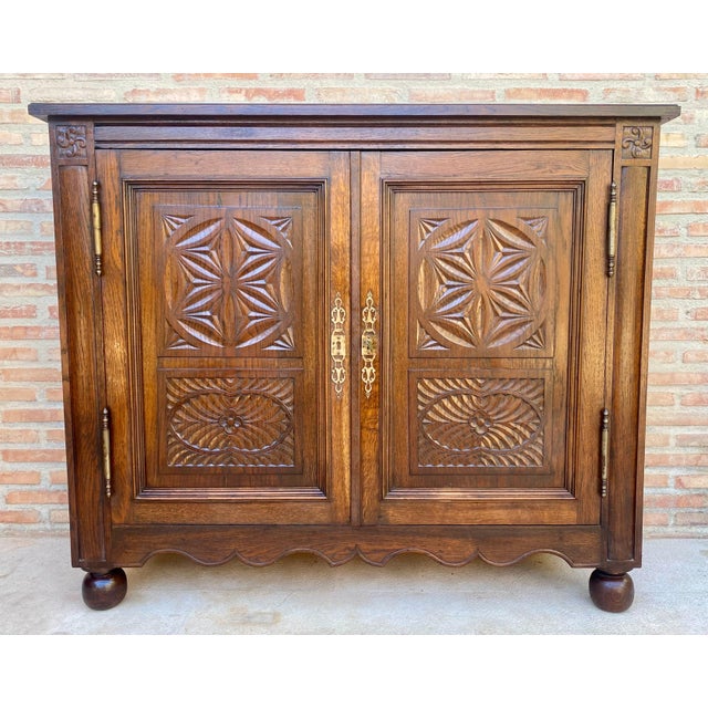 Wood Spanish Carved Oak Cabinet with Geometric Panels, Early 20th Century For Sale - Image 7 of 15