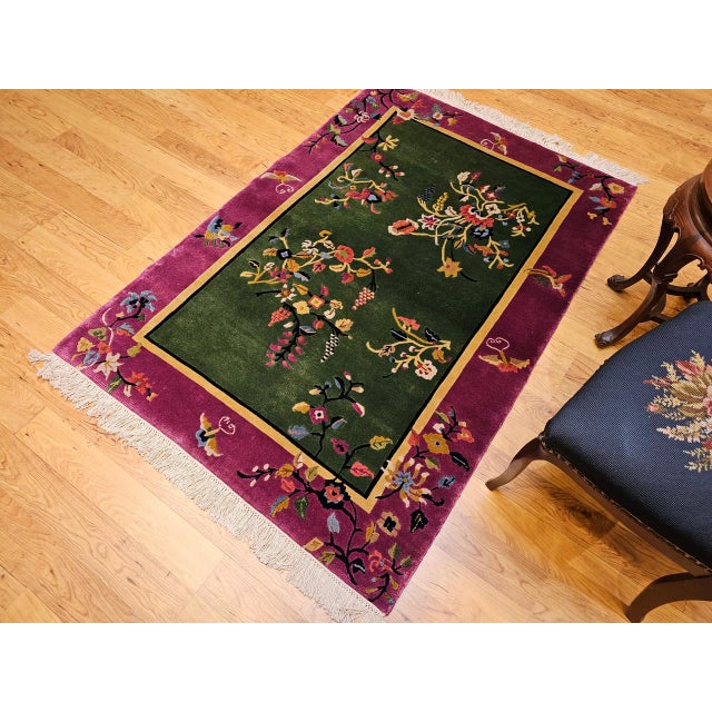 Vintage Chinese Art Deco Rug, Floral Design, Sage Green & Purple, 4' x 6' For Sale In Chicago - Image 6 of 16