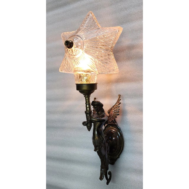 Pair Vintage Art Nouveau Deco Mermaid Wall Sconces in Brass & Star Glass Light For Sale - Image 6 of 7