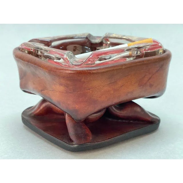 Mid-Century French Brown Leather and Glass Ashtray by Jacques Adnet, 1950s For Sale - Image 17 of 18
