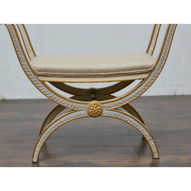 French Neoclassical Style Curule Stool, Gilded Wood and Upholstered Seat For Sale In Atlanta - Image 6 of 12