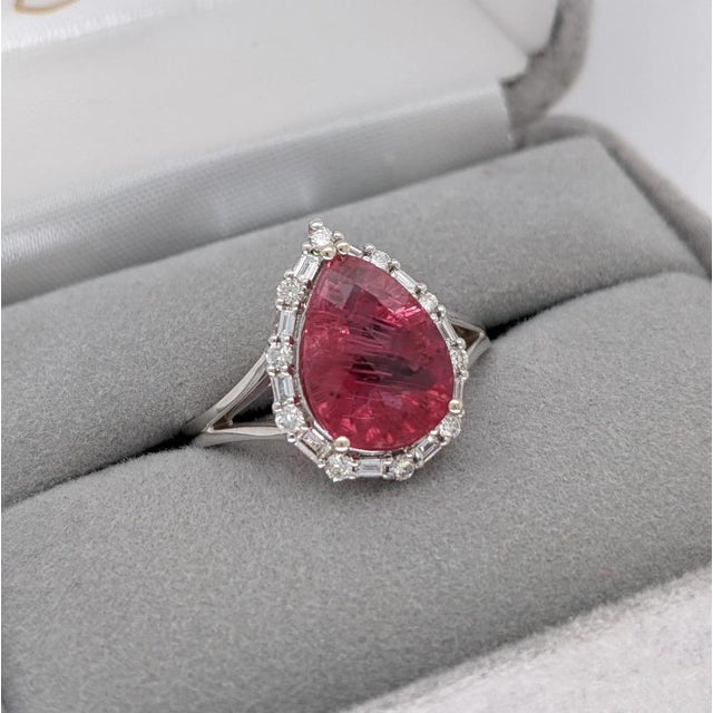 Pink Tourmaline Ring With Natural Diamond Halo: Solid 14k Gold, Pear Cut 11x8mm, Size 6.75 For Sale - Image 4 of 10