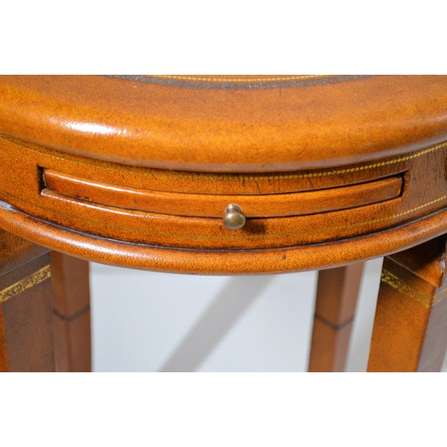 Maitland Smith Style Round Leather Wrapped Brass Gueridon Side Drink Table For Sale In Cincinnati - Image 6 of 11
