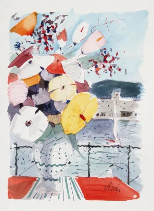 Charles Levier, Bouquet of Flowers on Balcony, Watercolor