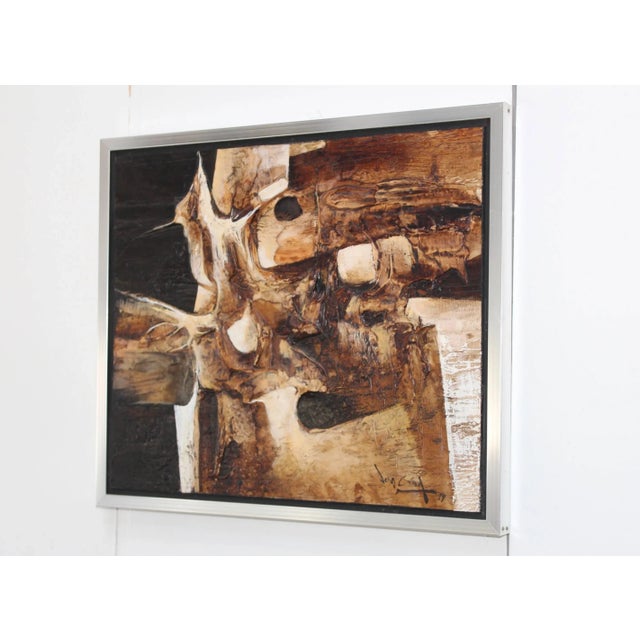 1974 Mid-Century Modern abstract artwork by Jonas Gerard, in vintage original condition with minor wear and patina due to...