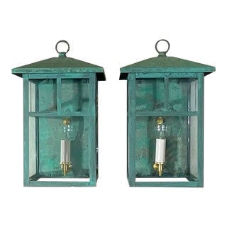 Vintage Pair of Solid Brass Outdoor Wall Lanterns – 13”h X 7”.5w X 7”.5d For Sale