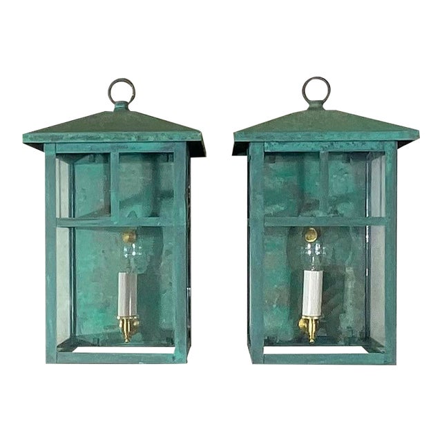 Vintage Pair of Solid Brass Outdoor Wall Lanterns – 13”h X 7”.5w X 7”.5d For Sale