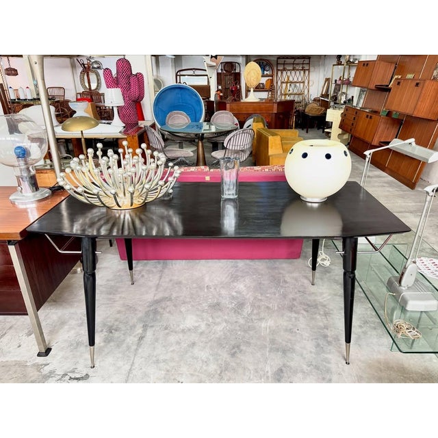 Mid-Century Modern Black Lacquered Wood Dining Table with Conical Legs and Chrome Details, 1960s For Sale - Image 3 of 9