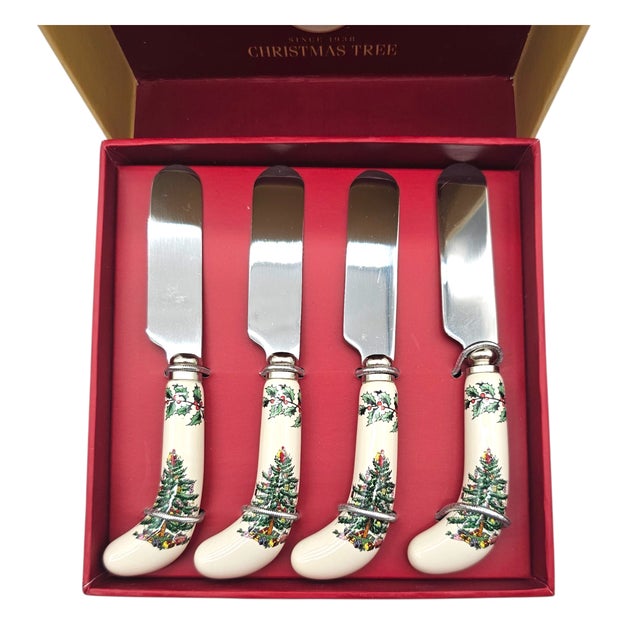 Ceramic Spode Christmas Tree Cheese Plate With Four Spreaders – Holiday Serving Set For Sale - Image 7 of 13