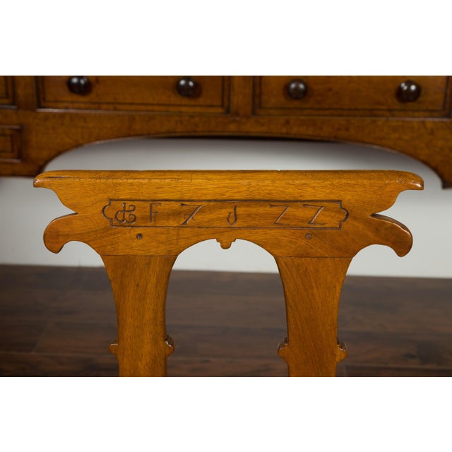 Brown English 1850s Oak Chair with Pierced Back, Carved Inscription and Wooden Seat For Sale - Image 8 of 12