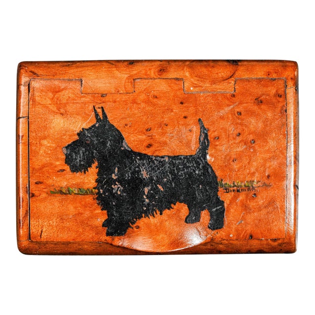 Fantastic Antique Handmade Burlwood Snuff Box Hand Painted Scottish Terrier Dog Top Tobacciana For Sale
