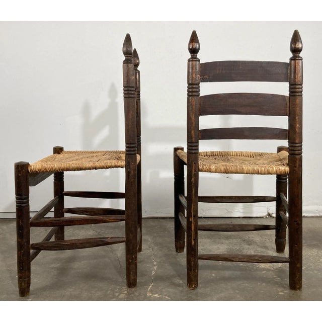 Wood Vintage Primitive Turned Wood Woven Seat Ladderback Chairs, a Pair For Sale - Image 7 of 10