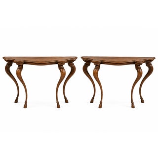 1970s Italian Carved Pine French Louis XV Style Console Tables W/ Hooves - Pair For Sale