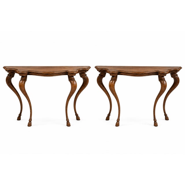 1970s Italian Carved Pine French Louis XV Style Console Tables W/ Hooves - Pair For Sale