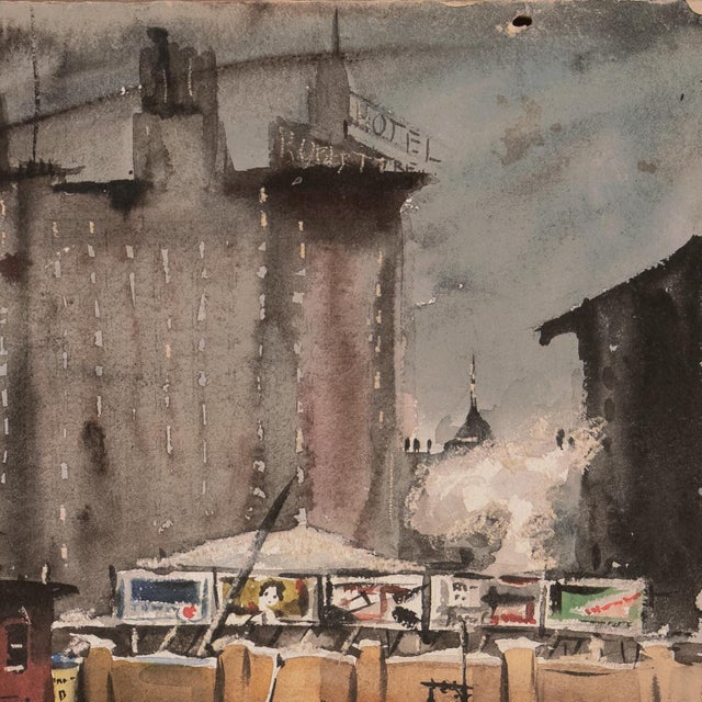 'Winter in the City' by James Carlin, Mid-Century Urban Landscape Featuring 1930s Scaffold Sky Sign, American Modern Realism For Sale In Monterey, CA - Image 6 of 9