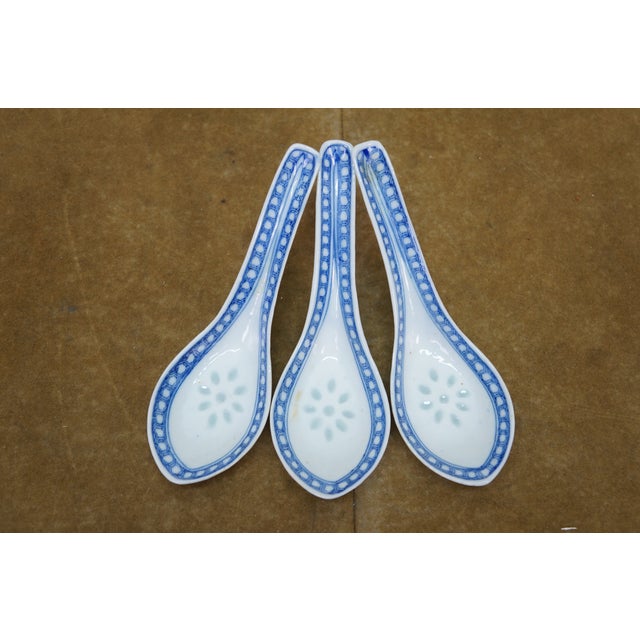 Vintage Chinese Rice Eye Grain Translucent Blue Porcelain Dinnerware - 10 Pc For Sale - Image 9 of 11