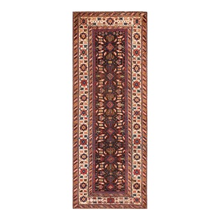 1880s Brown Geometric Tribal Antique Caucasian Shirvan Carpet 3'2" X 8' Wool Handknotted Rug For Sale