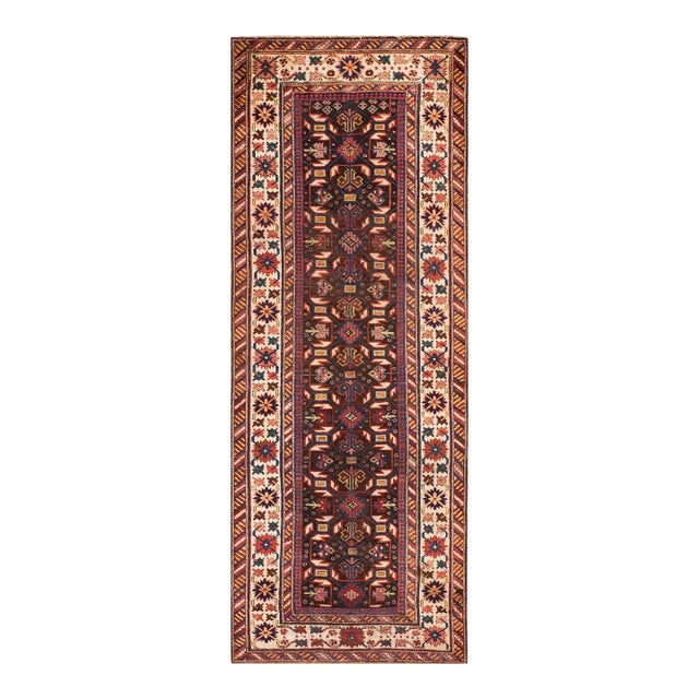 1880s Brown Geometric Tribal Antique Caucasian Shirvan Carpet 3'2" X 8' Wool Handknotted Rug For Sale