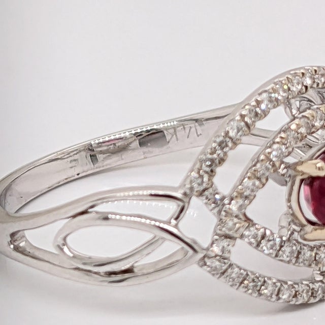 Celtic Inspired East West Mozambique Ruby and Natural Diamond Ring in 14k Gold, Size 6.75 For Sale - Image 10 of 11