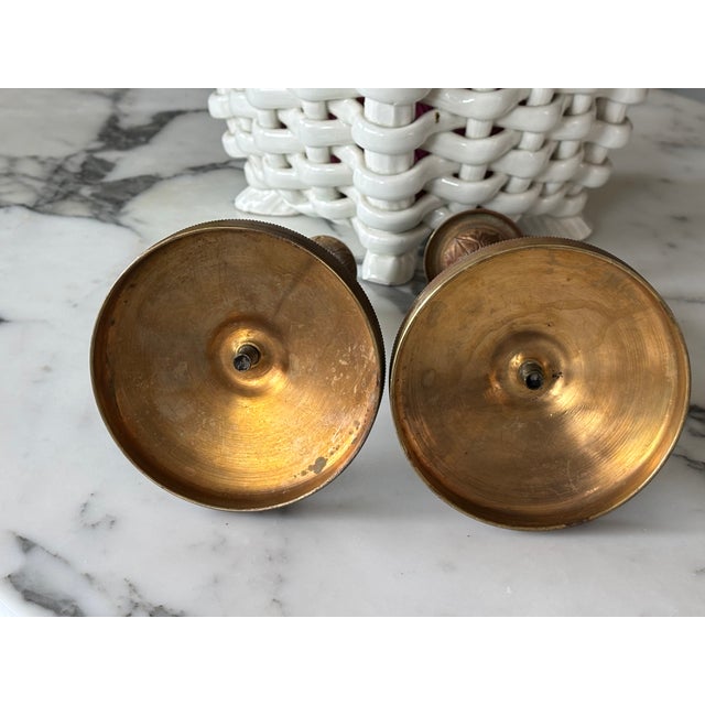 Antique French Empire Revival Gilt Brass & Cut Glass Candlesticks - A Pair For Sale - Image 12 of 13