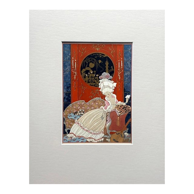 Original George Barbier 1928 Hand-Colored Pochoir Print: "Lettre" in 11x14 Mat For Sale