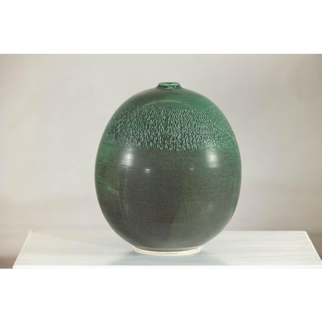 Large Green Artisan Vase with Textured Glaze, Modern Decorative Accent For Sale - Image 4 of 12
