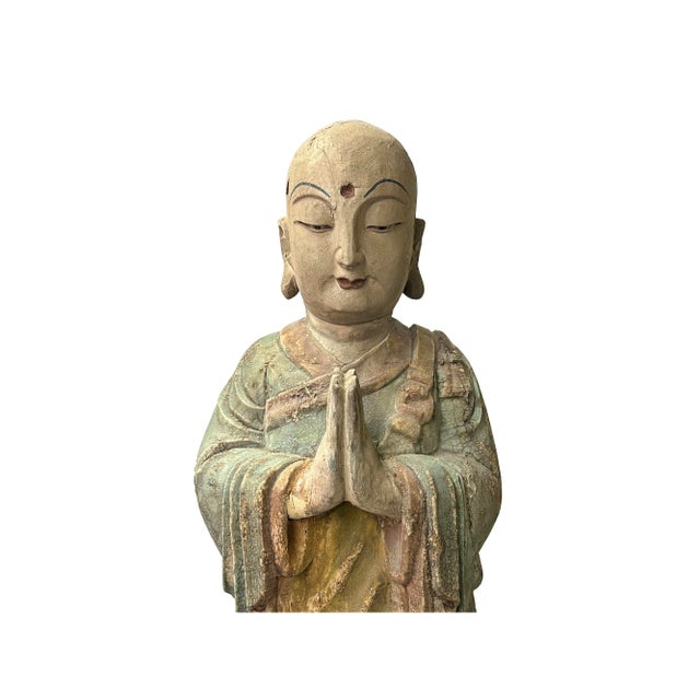 Chinese Rustic Wood Standing Prayer Hands Lohon Monk Statue For Sale In San Francisco - Image 6 of 7