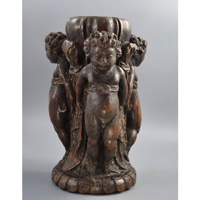 Wood 18th Century Baroque Italian Carved Walnut Torchiere Base with Three Putti For Sale - Image 7 of 16