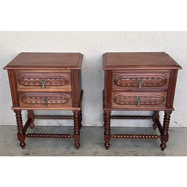 French Pair of French Chestnut Bedside Nightstands With Two Drawers, Late 19th Century For Sale - Image 3 of 12