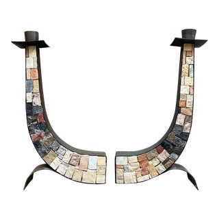 60s Midcentury Brutalist Stone Copper Candle Holders Eilon Mosaics - a Pair For Sale