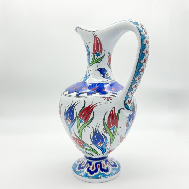 Handmade Ceramic Footed Pitcher Vase (30cm) – Classic Red Tulip Pattern – Timeless Ottoman Art Decor For Sale - Image 9 of 11