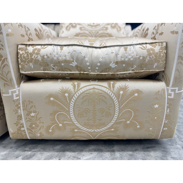 Mid-Century Modern Pair of Scalamandre Silk Tropical Gold White Swivel Club Chairs For Sale - Image 3 of 8