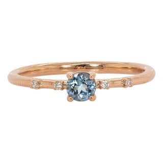 Dainty Santa Maria Aquamarine Ring W Natural Diamond Accents in 14k Rose Gold, Size 6.75 For Sale