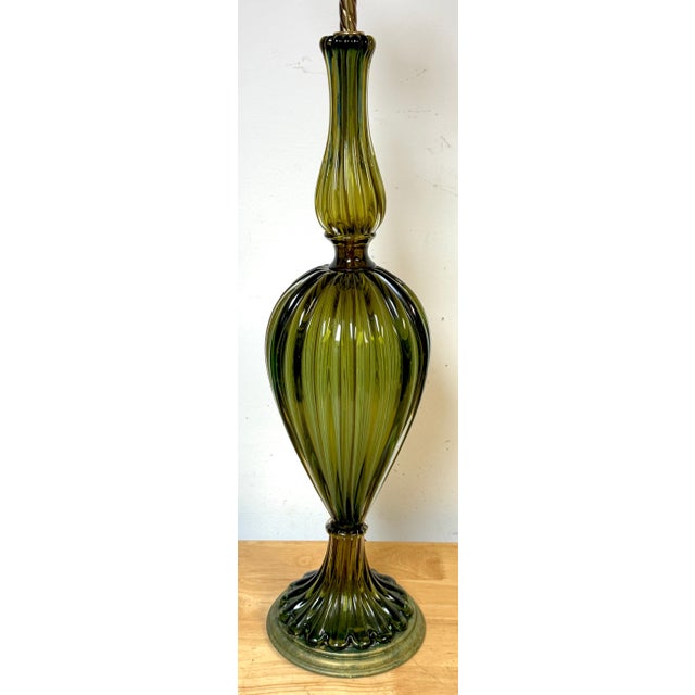 Pair of Barovier & Toso Ribbed Olive Verde Murano Glass Lamps, Circa 1955-1965 For Sale - Image 17 of 18