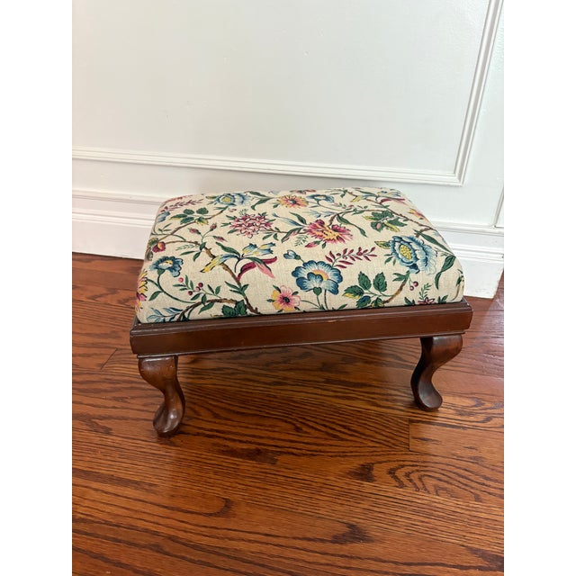 Vintage English Linen Floral Upholstered Wooden Footstool For Sale - Image 11 of 12
