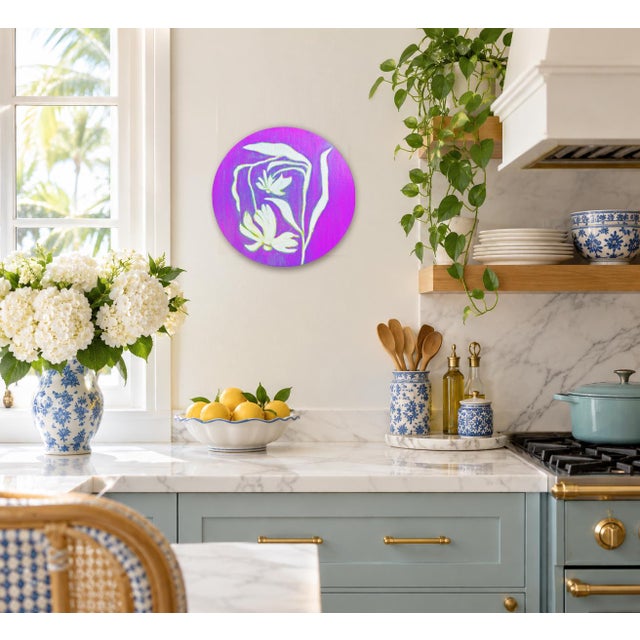 Contemporary Original Round Flower Painting, Botanical Wall Art, Oil on Circle Canvas, 12" Minimalist Boho Home by Tatiana Duperault For Sale - Image 3 of 4