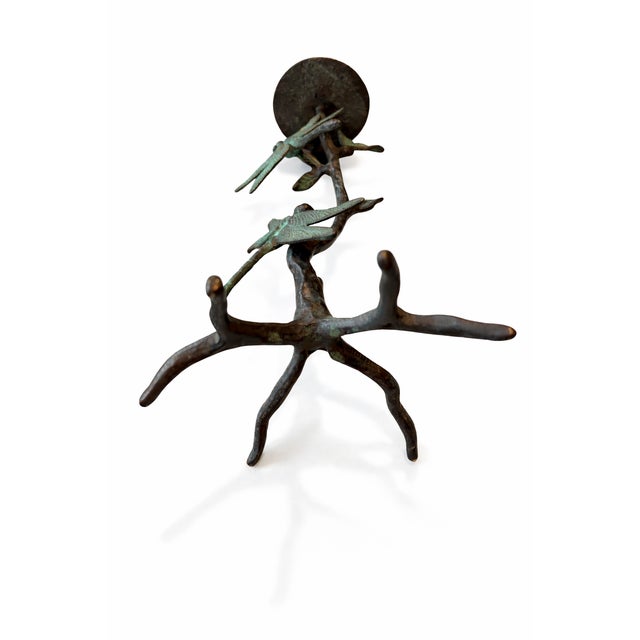 Contemporary Organic Modern Vintage Verdigris Metal Dragonfly Pillar Pricket Candle Holder – 12.5” H For Sale - Image 3 of 4