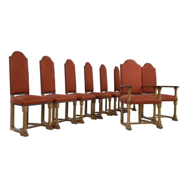 Antique French Wood and Red Fabric Chairs, Set of 8 For Sale