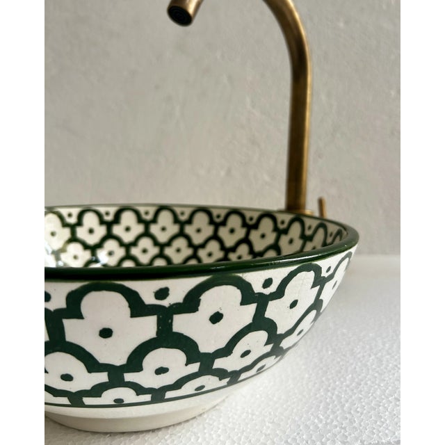 Handcrafted Ceramic Green Vessel Sink Basin, Brass Drain For Sale - Image 9 of 9