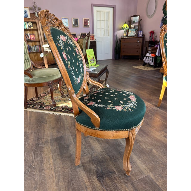 Mid 20th Century Mid 20th Century Pair of Needlepoint Upholstered Victorian Renaissance Revival Parlor Chairs. For Sale - Image 5 of 8