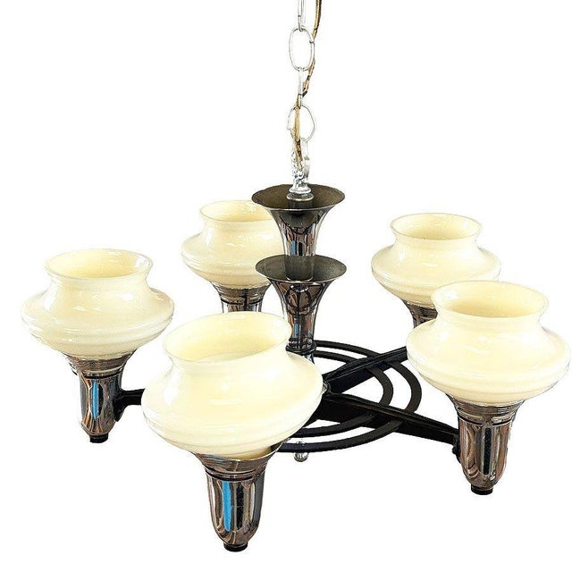 Art Deco Mid 20th Century Art Deco Streamline Moderne Five-Light Chandelier With Opaline Glass Shades For Sale - Image 3 of 6