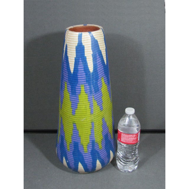 Blue Tall Modern Geometric Patterned Clay Vase For Sale - Image 8 of 10