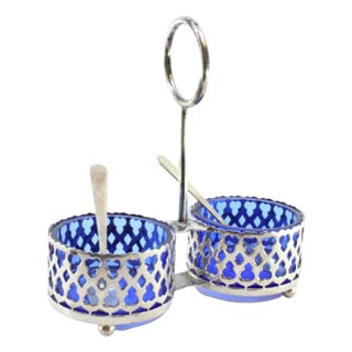 Silver and Blue Glass Salt Shaker with Round Feet, Set of 3 For Sale