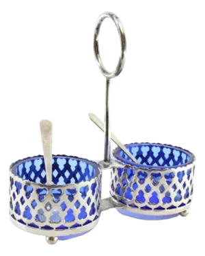 Silver and Blue Glass Salt Shaker with Round Feet, Set of 3