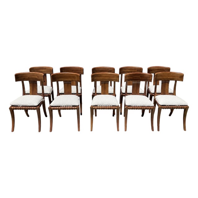 Vintage Klismos Style Solid Walnut Dining Chairs White Boucle- Set of 10 For Sale