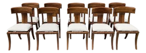 Vintage Klismos Style Solid Walnut Dining Chairs White Boucle- Set of 10