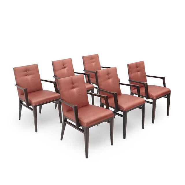 6 Italian-made chairs produced in the 1970s. Shaped wooden structure. Back of the backrest decorated with a geometric...