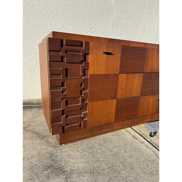 Attributed to Paul Evans Style Brutalist Dresser by Lane | Mid Century Modern Walnut 9 Drawer Lowboy | Vintage 1970s Pueblo Mosaic Credenza For Sale - Image 11 of 12