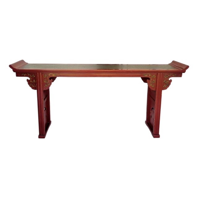 Vintage Chinoiserie Regency Style Red Lacquer Altar Console Table With Gold Leaf Cutput Accents For Sale